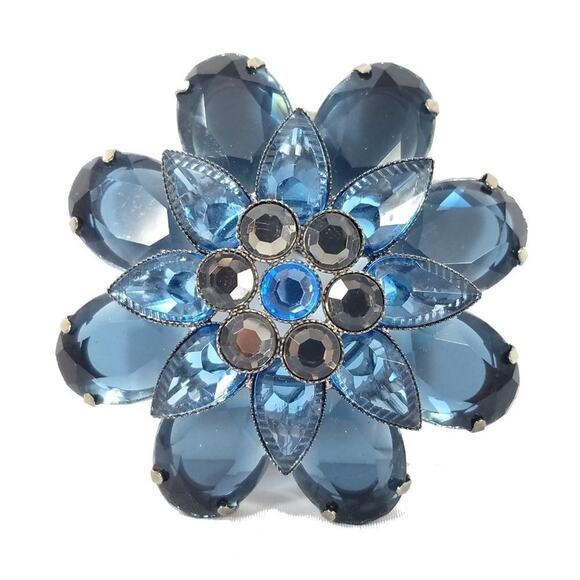 Vintage Blue Lucite Flower Rhinestone Brooch, 2 1/2 Inches - Picture 1 of 6